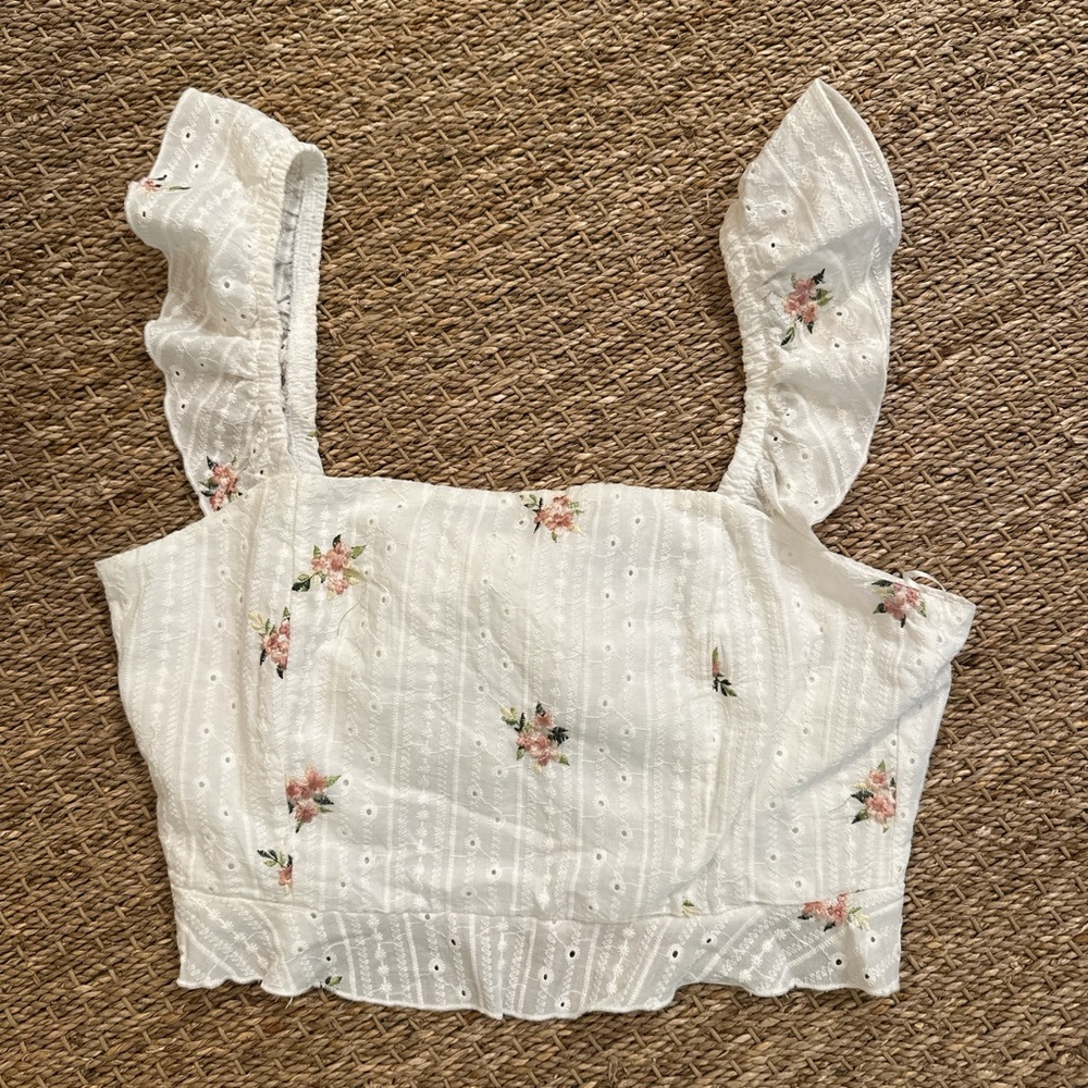 white cotton crop top, small. summer flowers, open back that ties.